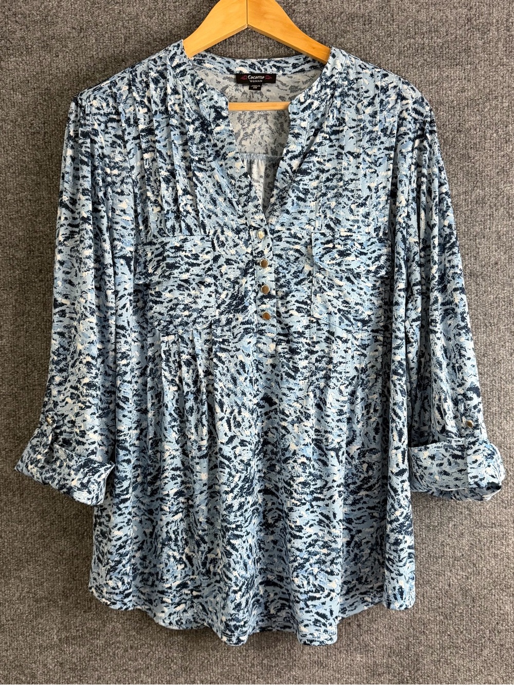 Cocomo Womens 2X Blue Printed 3/4 Roll Sleeve Top V Neck Office Casual Stretch